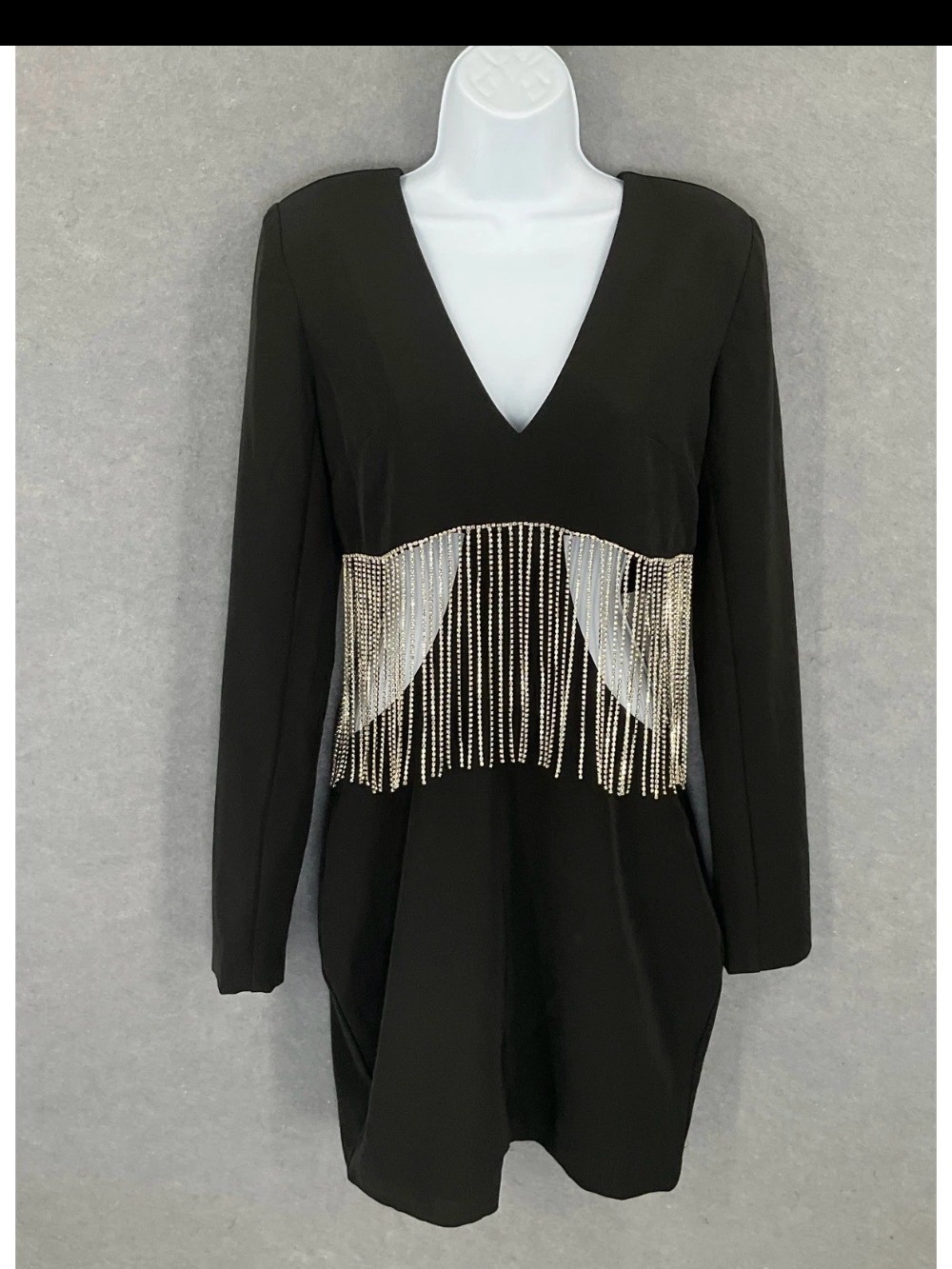 Forever 21 Black Long-Sleeve V-Neck Mini Dress with fringe